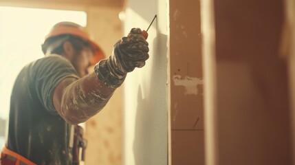 A construction worker installing drywall sheets on a wall at a building site. Featuring precision and finishing work