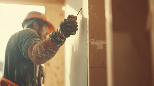 A construction worker installing drywall sheets on a wall at a building site. Featuring precision and finishing work