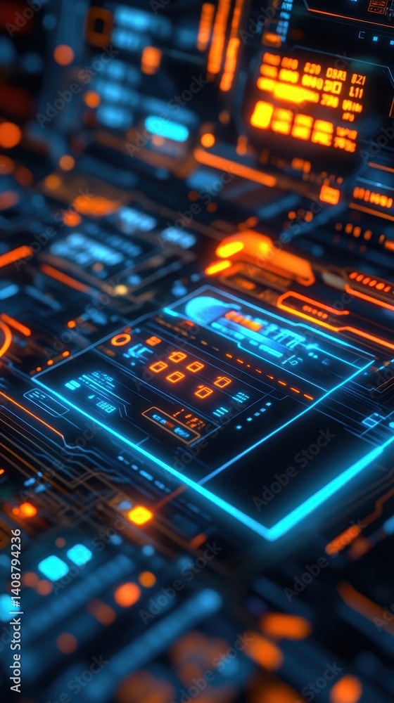 Poster detailed futuristic electronic circuitry displaying data and complex systems operation