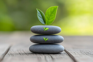 Balanced Stack Of Smooth River Stones With Green Leaves
