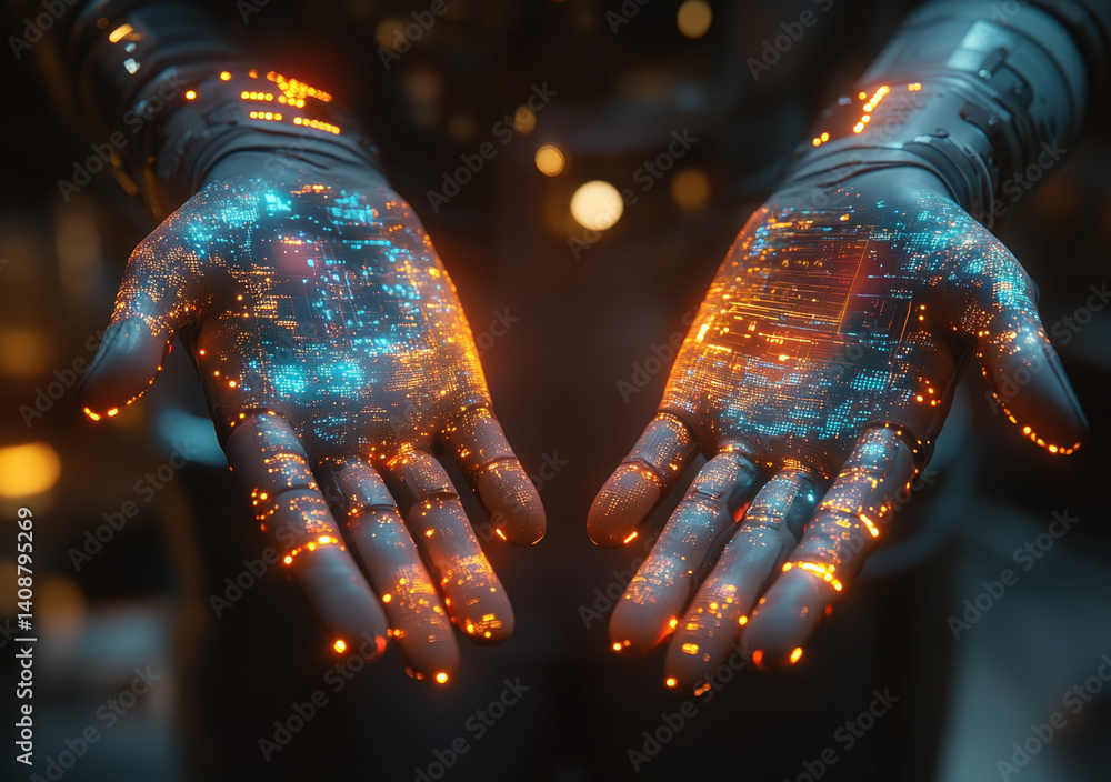 Poster close up of hands using augmented reality gloves with glowing circuits and digital patterns