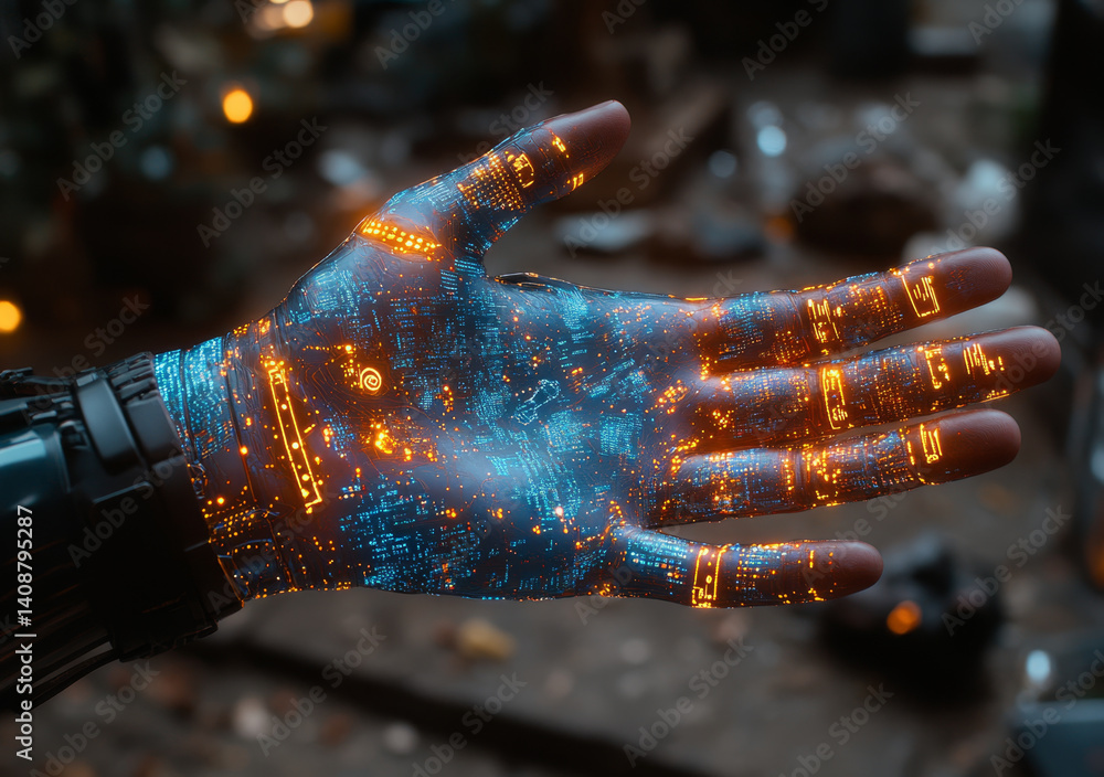 Poster close up of hand with augmented reality interface displaying glowing patterns and circuits