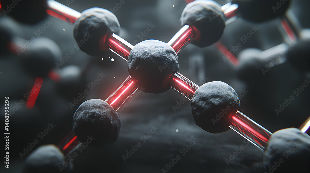 Poster abstract 3d rendering of a molecular structure with glowing red bonds, ideal for science, technology