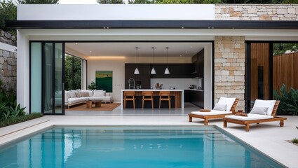 a modern, luxurious outdoor setting featuring a sleek, rectangular swimming pool with clear blue water. The pool is bordered by a light-colored stone deck, leading to a contemporary open-plan living 