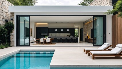 a modern, luxurious outdoor setting featuring a sleek, rectangular swimming pool with clear blue water. The pool is bordered by a light-colored stone deck, leading to a contemporary open-plan living 