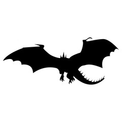 Flying Dragon Black Silhouette Isolated on White Background.