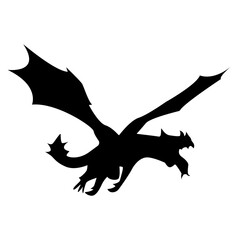Flying Dragon Black Silhouette Isolated on White Background.