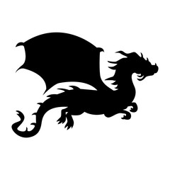 Flying Dragon Black Silhouette Isolated on White Background.