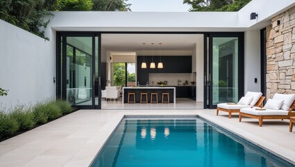 a modern, luxurious outdoor setting featuring a sleek, rectangular swimming pool with clear blue water. The pool is bordered by a light-colored stone deck, leading to a contemporary open-plan living 