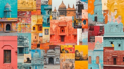 Colorful collage of architectural details showcasing Indian building design