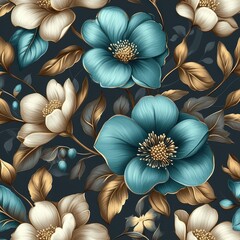 Elegant Floral Pattern with Blue and White Flowers on Dark Background