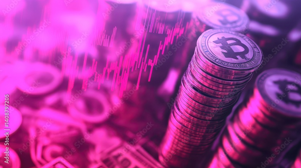 Poster crypto currency stacks with a chart display in a dark atmosphere