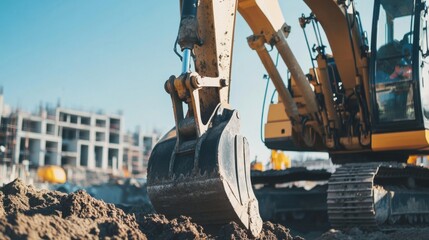 Heavy equipment operator driving excavator on construction site. Featuring power and precision