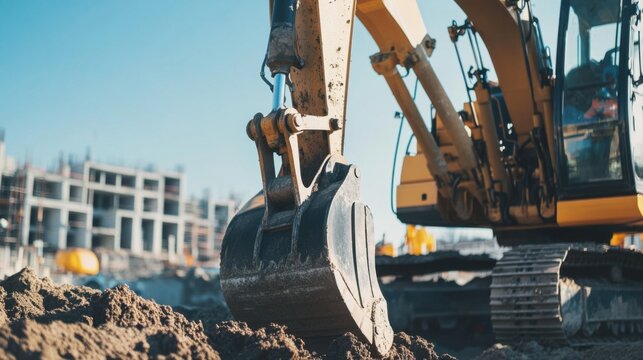 Heavy equipment operator driving excavator on construction site. Featuring power and precision