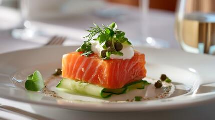 Delicious salmon appetizer with cucumber and cream cheese recipe gourmet food presentation dish fine dining