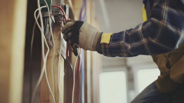 A construction worker installing electrical wiring inside a building. Featuring technical skills and precision