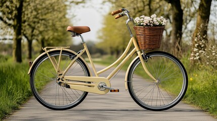 Fototapeta premium Vintage bicycle with flower basket parked on a scenic country road