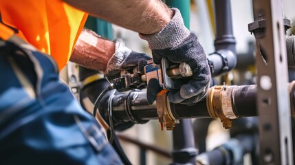 A construction worker installing piping for plumbing at a construction site. Featuring plumbing installation and pipework