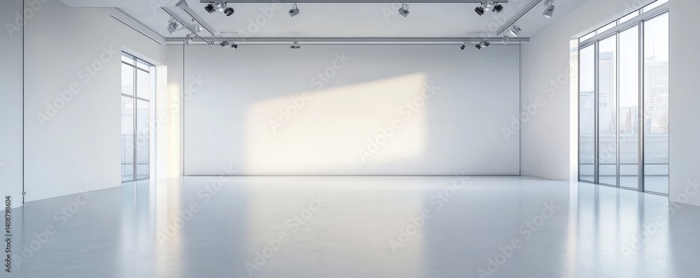 Poster empty modern gallery space with sunlight streaming in