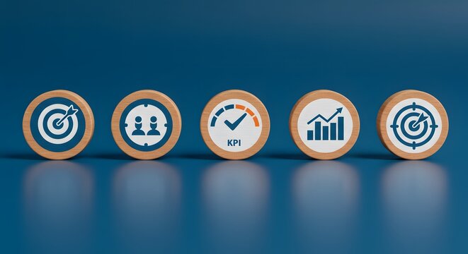 Data management system icon on wooden block to make report with KPI, metrics connected to database. finance, operations, sales, marketing, KPI, business performance indicators