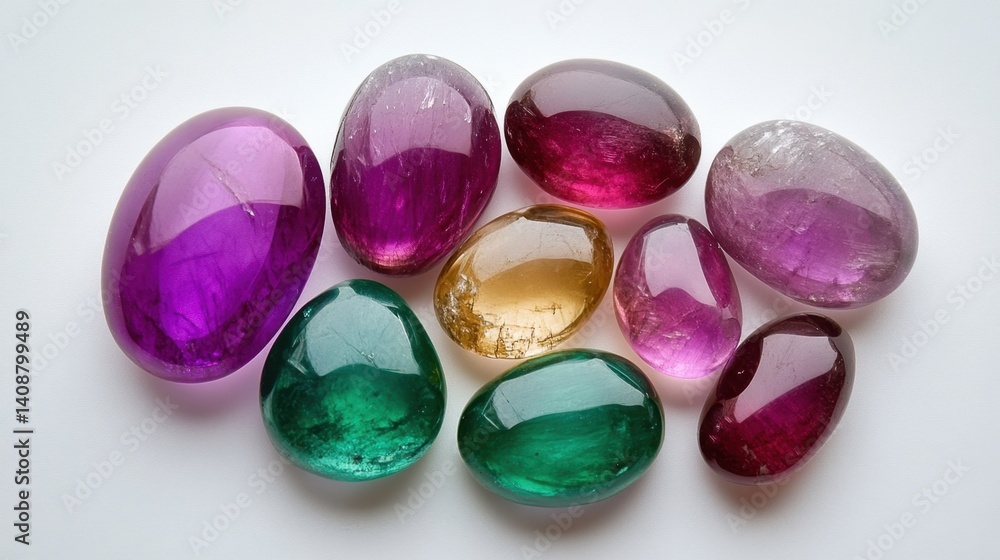 Poster a top view of multiple gemstones including amethyst, ruby, and emerald arranged on a white surface