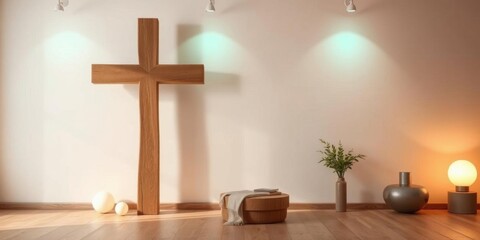 Modern Minimalist Room with Large Wooden Cross Peaceful Interior Design