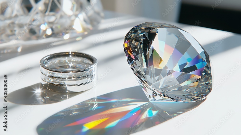 Poster close-up of a diamond next to a color grading scale and loupe on a clean white table