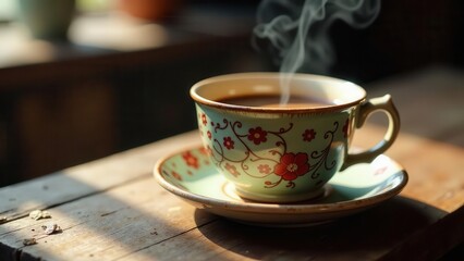 Fototapeta premium Aromatic Steam Rising From a Vintage Floral Teacup on Rustic Wooden Surface