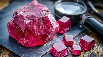 Obraz premium Close-up of ruby next to Mohs hardness scale card and loupe, showcasing gemology tools
