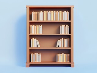 Elegant sleek bookshelf in a warm caramel brown, designed with clean linear aesthetics, placed on a muted sky blue background