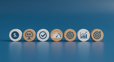 Data management system icon on wooden block to make report with KPI, metrics connected to database. finance, operations, sales, marketing, KPI, business performance indicators