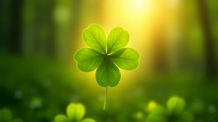 A four-leaf clover in a golden halo, glowing and translucent over a forest. Hyper-realistic with bokeh.