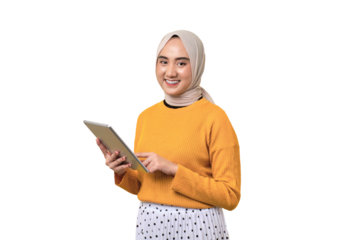 Beautiful happy Asian girl wearing hijab using digital tablet and smiling at camera isolated on transparent background