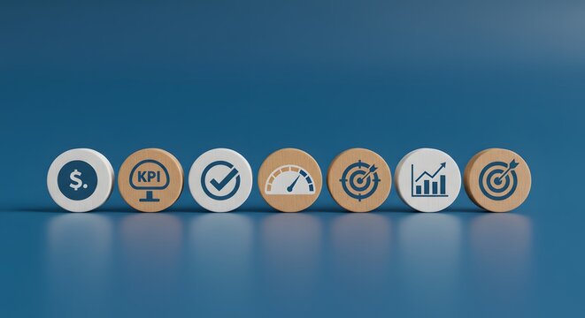 Data management system icon on wooden block to make report with KPI, metrics connected to database. finance, operations, sales, marketing, KPI, business performance indicators