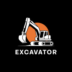 Excavator Construction Graphic with Orange Circle on Black Background © Joni