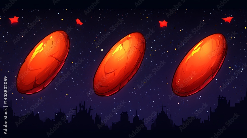 Poster three red oval objects float in a dark night sky