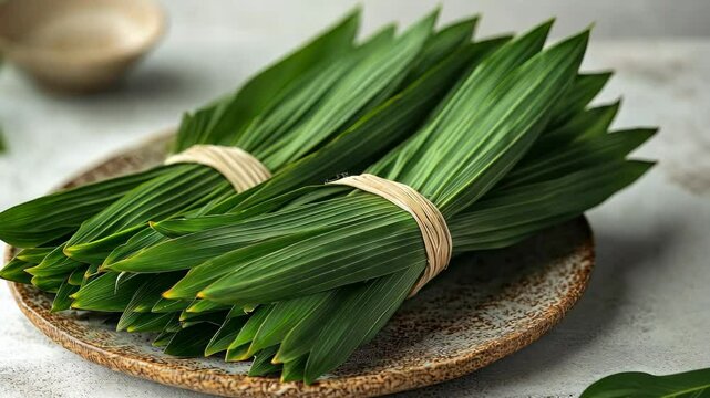 Fresh Pandan Leaves on Rustic Plate