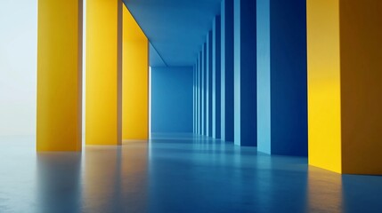 Obraz premium A minimalist hallway with alternating yellow and blue pillars creating a sense of depth
