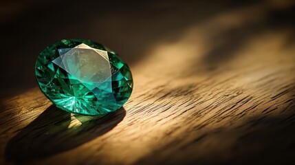 Isolated emerald placed atop polished wood surface with spotlight from above