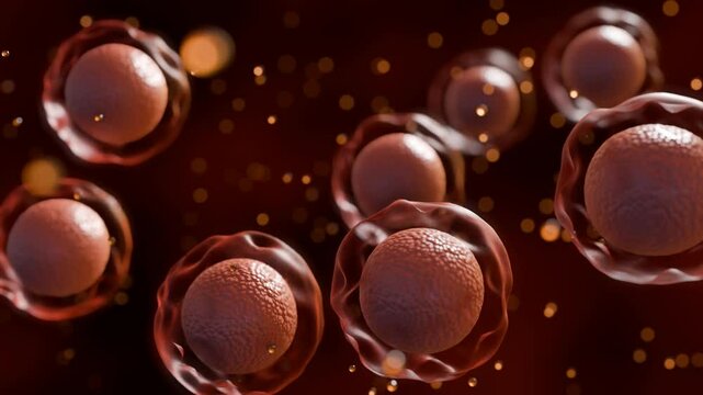 A 3d animation of scattered blood stem cells, also known as hematopoietic stem cells or HSCs