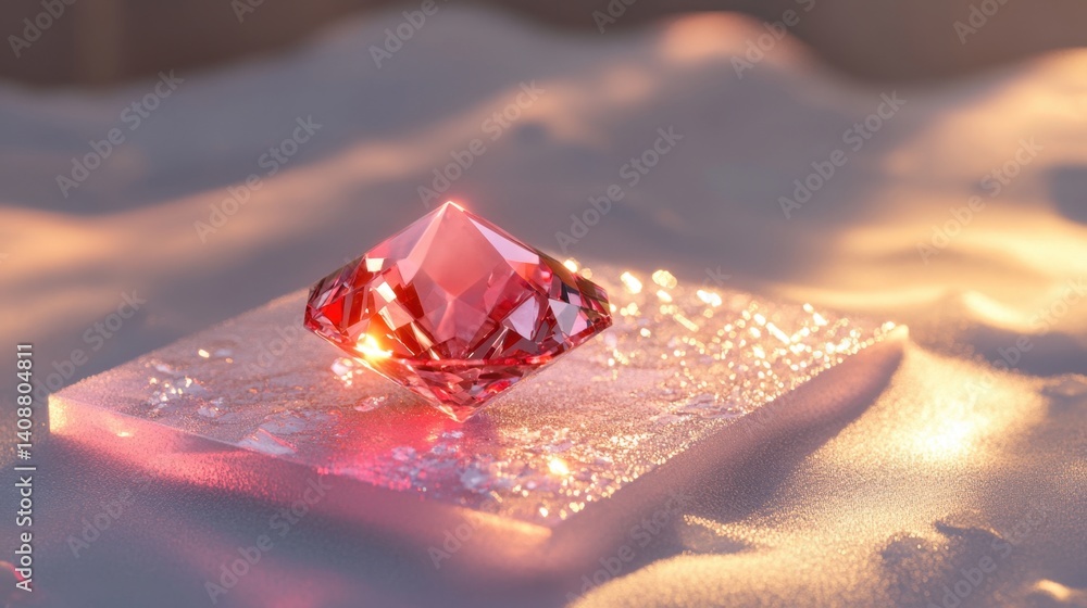 Poster ruby displayed on frosted glass platform, isolated in white light with a glowing red aura