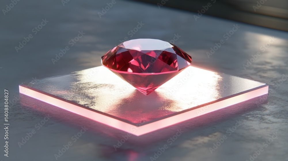 Poster ruby displayed on frosted glass platform, isolated in white light with a glowing red aura
