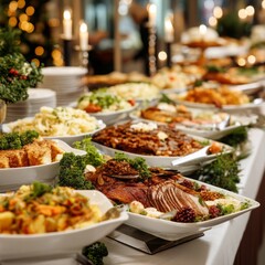 Obraz premium Exquisite Array of Gourmet Dishes Served on a Festive Table for a Holiday Celebration, Featuring Rich Colors and Elegant Presentation in a Cozy Atmosphere