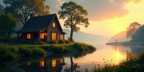 Fototapeta premium Serene Lakeside Cabin at Sunset A Peaceful Waterfront Retreat Reflecting Golden Hour Light