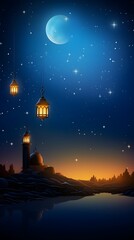 Naklejka premium Ramadan Night Sky with Moon Mosque and Lanterns