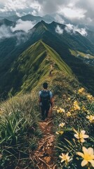 Naklejka premium A lone hiker traversing a lush mountain ridge towards distant peaks