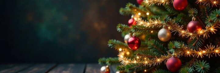 Christmas tree decorated with garlands, greenery, christmas tree, ribbons