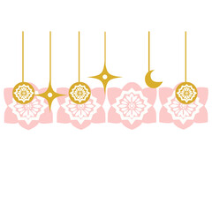 Islamic ornament vector with gold lanterns, moon, and floral pink patterns. Perfect for Ramadan or Eid decoration, greeting cards, banners, or festive Muslim celebration backgrounds.
