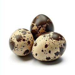 Obraz premium Three Quail Eggs: A Close-Up Shot of Speckled Quail Eggs on White Background