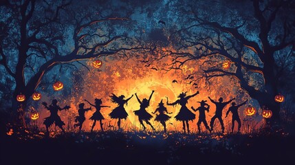 Halloween Party Silhouettes Dancing Under Full Moon with Jack o Lanterns